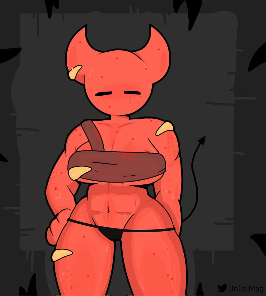 3_fingers abs arm_behind_back artist_name black_bikini_bottom blood blood_stain boobs breasts closed_eyes dark_background demon demon_girl demon_horns demon_tail feet_out_of_frame fit fit_female freckles hand_on_hip lady_satanic_(minstlu) looking_at_viewer magthender medium_breasts mouthless no_mouth no_nose noseless red_body spikes sweat text thick_thighs thighs twitter_username