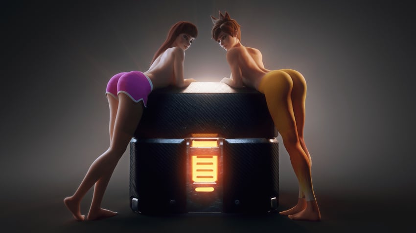 2girls 3d barefoot big_feet blizzard_entertainment brown_hair d.va earrings feet female female_only high_resolution highres leggings long_hair lootbox overwatch shorts tight_clothing tracer vgerotica yellow_toenails