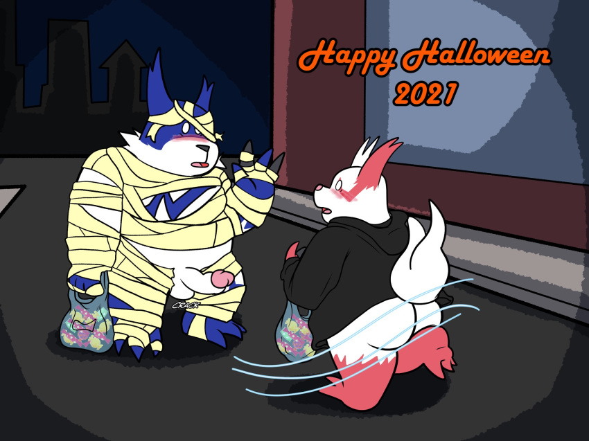 2021 anthro ass balls belly blue_body blush bunnybara candy dessert duo erection food genitals halloween halloween_costume hi_res holidays male mummy_costume nintendo overweight overweight_male penis pokémon_(species) pokemon pokemon_(species) red_body shiny_pokemon text video_games white_body zangoose