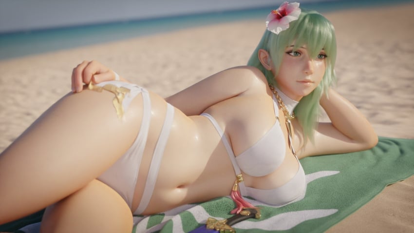 16:9 1girls 3d alternate_color alternate_costume beach bikini breasts byleth_(fire_emblem) byleth_(fire_emblem)_(female) byleth_(summer)_(fire_emblem)_(female) cosplay enlightened_byleth_(female) female fire_emblem fire_emblem:_three_houses fire_emblem_heroes flower green_eyes green_hair hair_flower hibiscus j9006 knife large_breasts nintendo ocean official_alternate_costume on_side sand sideboob solo swimsuit video_game video_game_character video_games