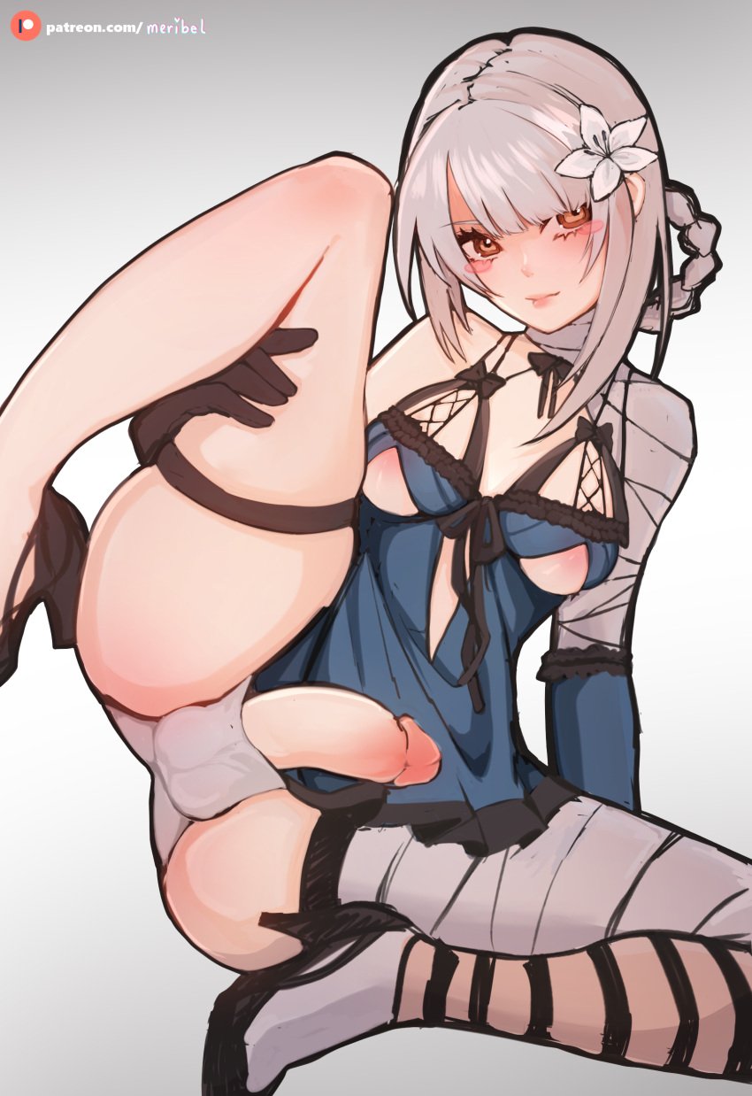 1futa ball_bulge balls balls_in_panties balls_under_clothes breasts bulge clothed clothing flaccid futa_only futanari human humanoid_penis intersex kaine_(nier) leg_up light-skinned_futanari light_skin looking_at_viewer meribel mostly_clothed nier nier_(series) nier_replicant panties panty_bulge penis penis_out solo solo_futa testicles thick_thighs white_background white_hair