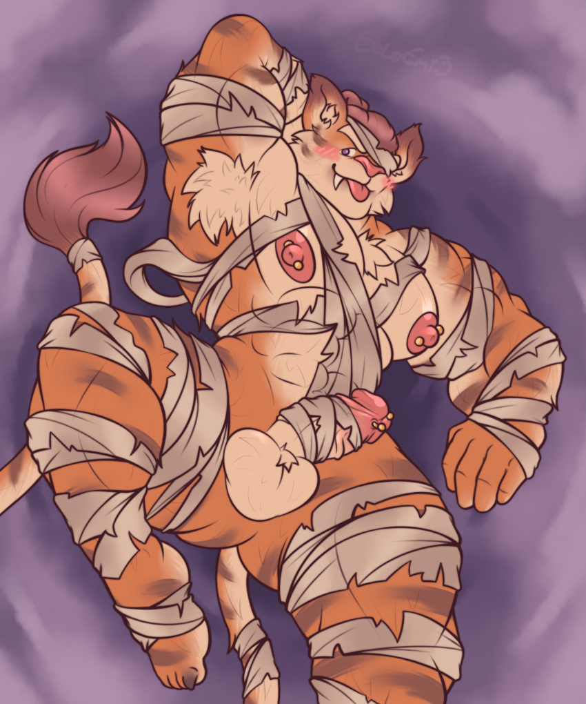 1boy anthro bara furry male male_only mummy mummy_costume mummy_wrappings orange_fur paladins posing purple_eyes solo solo_male soloemi3 soloemi_(artist) tail tiberius_(paladins) tiger