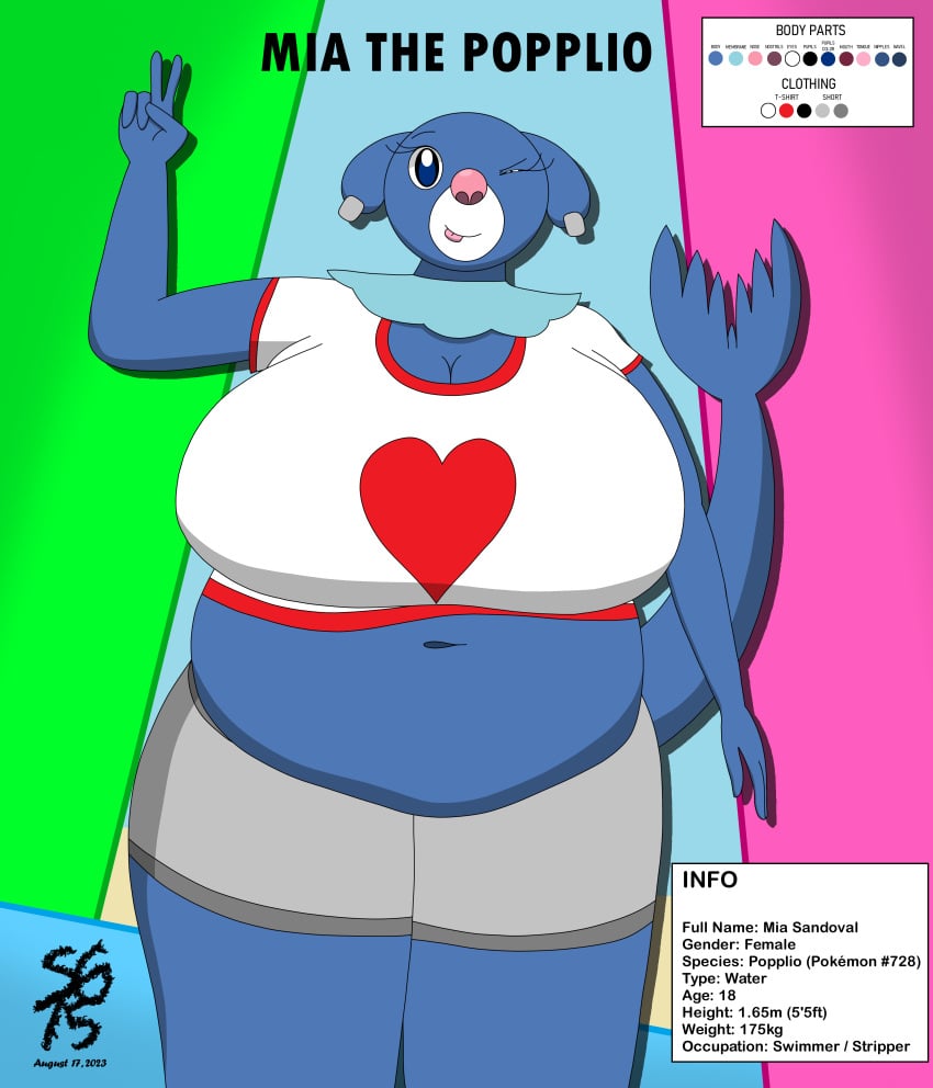 2023 anthro anthro_pokemon bbw belly belly_button big_breasts breasts breasts_bigger_than_head character_sheet chubby chubby_anthro chubby_female clothing color_palette fat fat_belly fat_female heart heart_clothing huge_breasts information mammal mammal_humanoid mia_sandoval_(solandgamer75) navel nintendo original_character overweight overweight_anthro overweight_female plump pokemon pokemon_(species) popplio sea_lion sea_lion_humanoid seal seal_humanoid shirt shorts solandgamer75 tail thick tongue tongue_out watermark winking winking_at_viewer winking_eye