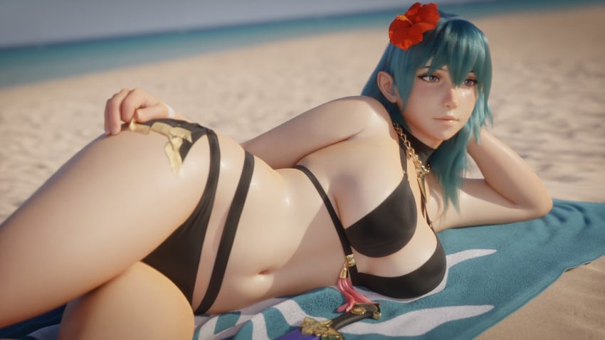 16:9 1girls 3d alternate_costume beach bikini black_bikini black_swimsuit blender_(medium) blue_eyes blue_hair blurry breasts byleth_(fire_emblem) byleth_(fire_emblem)_(female) byleth_(summer)_(fire_emblem)_(female) chain chain_necklace dagger day depth_of_field female fire_emblem fire_emblem:_three_houses fire_emblem_heroes flower gold_chain hair_flower hair_ornament halter_top halterneck hartman_hips hibiscus highres j9006 jewelry knife large_breasts linea_alba lips lying medium_hair navel necklace nintendo nose ocean official_alternate_costume on_side sand sideboob solo sweat swimsuit teal_hair video_game video_game_character video_games weapon