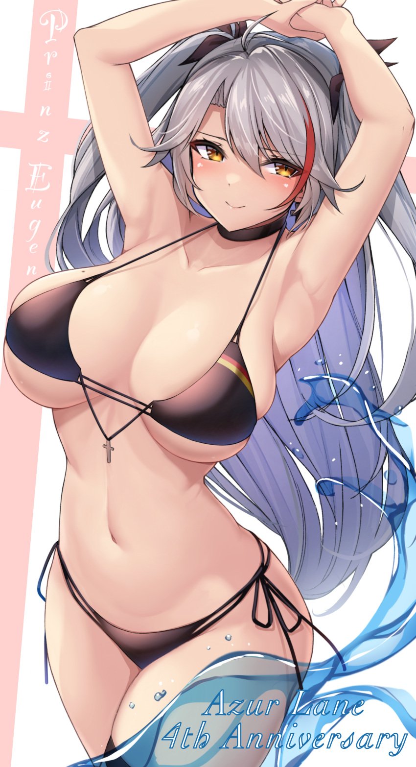 1girls 2021 absurdres ahoge anniversary armpits arms_up azur_lane bangs bikini black_bikini black_choker black_ribbon blush breasts character_name choker closed_mouth copyright_name cowboy_shot cross cross_earrings earrings female female female_focus female_only hair_between_eyes hair_ribbon highres jewelry large_breasts long_hair mole mole_on_breast multicolored_hair navel official_alternate_costume oserotto prinz_eugen_(azur_lane) prinz_eugen_(unfading_smile)_(azur_lane) red_hair ribbon side-tie_bikini silver_hair smile solo solo_female strap_gap streaked_hair swimsuit twintails two_side_up very_long_hair water water_drop yellow_eyes