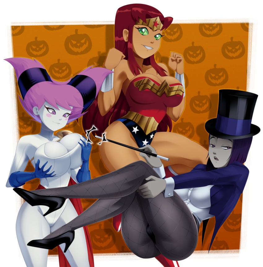 3girls alpha_channel alternate_breast_size ass big_ass big_breasts bracers breasts button_down_shirt cleavage clothing cosplay dc dc_comics female female_only footwear for_sticker_use fully_clothed gloves halloween halloween_costume high_heels holding_breast huge_breasts human jacket jinx_(dc) justice_league_dark koriand'r large_breasts leotard multiple_girls no_background outerwear pale_skin png power_girl_(cosplay) rachel_roth raven_(dc) ravenravenraven shoes starfire sticker_template teen_titans tiara top_hat transparent_background transparent_png wonder_woman_(cosplay) wonder_woman_(series) zatanna_zatara_(cosplay)