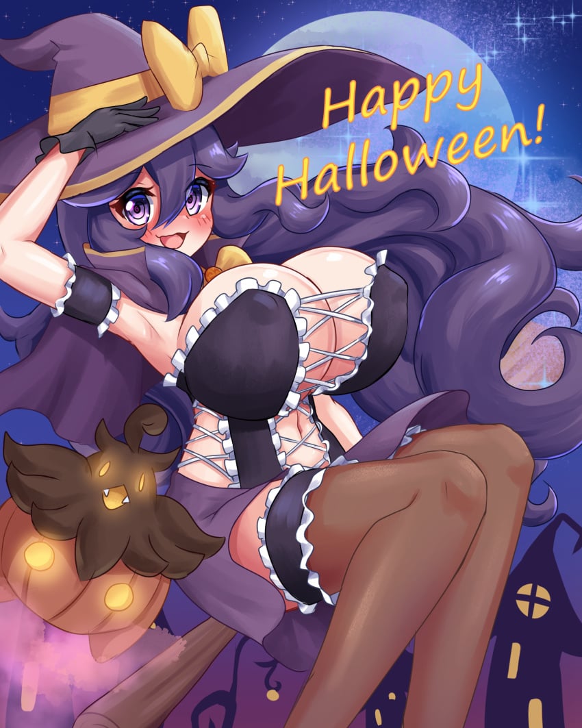 1girls alternate_breast_size big_breasts blush breasts female gloves hairband halloween hat hex_maniac huge_breasts large_breasts long_hair nintendo pokemon pokemon_xy purple_eyes purple_hair supermuddio text thick_thighs thighhighs thighs witch_hat