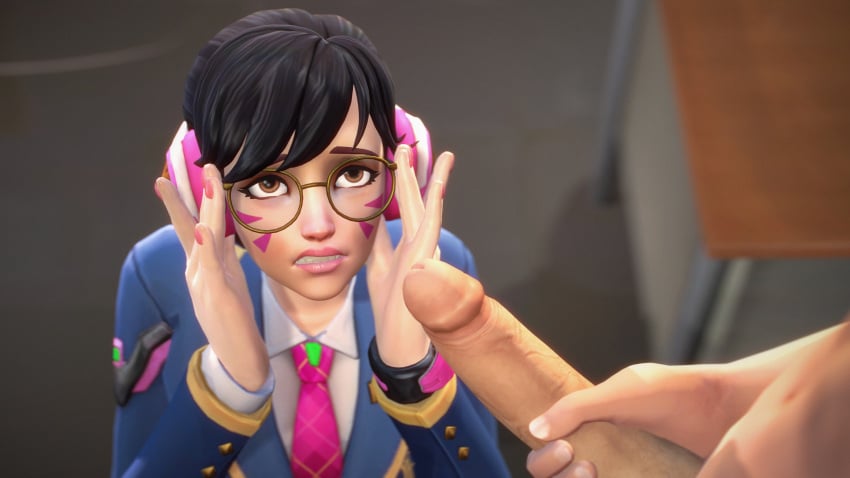 3d academy_d.va black_hair brown_eyes d.va eclair_stones glasses imminent_facial light-skinned_female light-skinned_male overwatch tagme