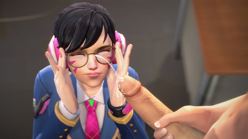 3d academy_d.va black_hair brown_eyes d.va eclair_stones glasses light-skinned_female light-skinned_male overwatch tagme