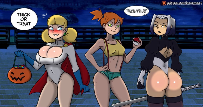 3girls aged_up alternate_breast_size ass ben_10 blush breasts candy_pail cartoon_network cleavage cosplay crossover crossover_cosplay dat_ass dc_comics denim_shorts dic_entertainment english_text female female_only female_with_female freckles gwen_tennyson halloween halloween_costume huge_ass huge_breasts human inspector_gadget jackie_chan_adventures jade_chan kasumi_(pokemon) kasumi_(pokemon)_(cosplay) looking_at_viewer misty_(pokemon) misty_(pokemon)_(cosplay) multiple_girls nier:_automata nier_(series) nintendo panties patreon penny_gadget pokeball pokemon power_girl power_girl_(cosplay) public samson_00 small_breasts sony speech_bubble sword tank_top text two_tone_hair wide_hips yorha_2b_(cosplay)