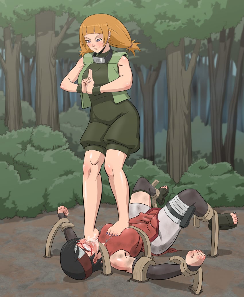 barefoot blush boruto:_naruto_next_generations clenched_fist clenched_hand colored_nails dirty_talk domination drooling f0reverking foot_fetish foot_gagging foot_in_mouth forest glasses immobile implied_yuri improvised_bondage kazamatsuri_moegi lezdom naruto naruto_(series) nature oral outdoors restrained rolling_eyes saliva sarada_uchiha sleeveless sleeveless_shirt standing stomping toenail_polish vest wood wristband yuri