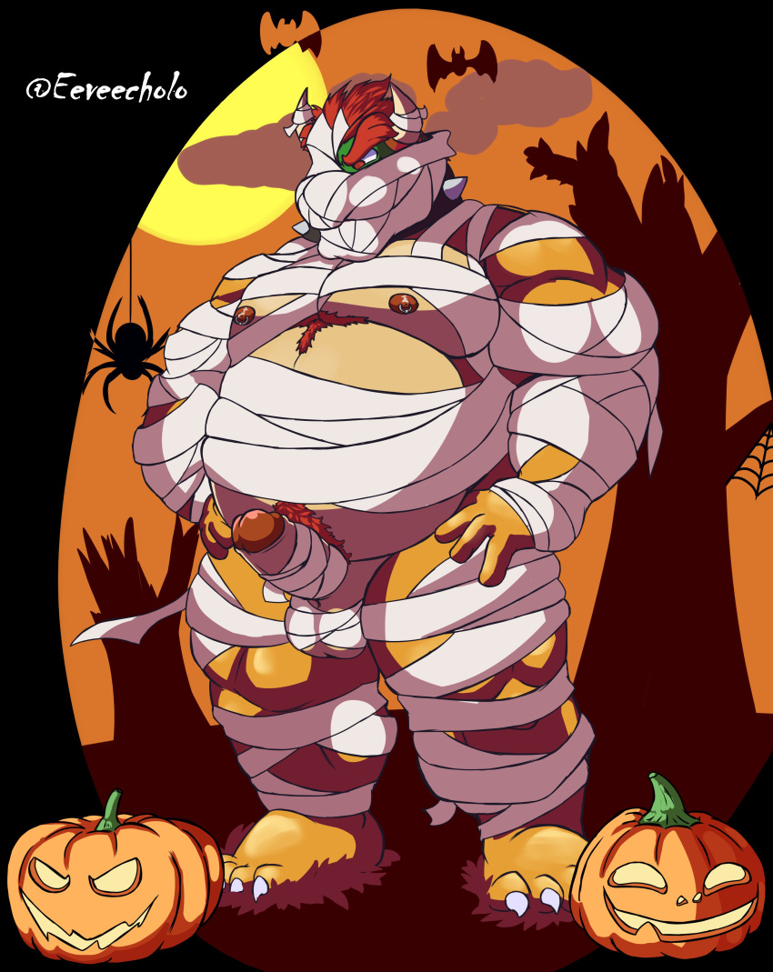 2021 absurd_res anthro balls belly bowser eeveecholo erection food fruit genitals halloween halloween_costume hi_res holidays humanoid_genitalia humanoid_hands humanoid_penis koopa male male_only mario_(series) moobs mummy_costume nintendo nipples overweight overweight_male penis plant pumpkin scalie solo video_games