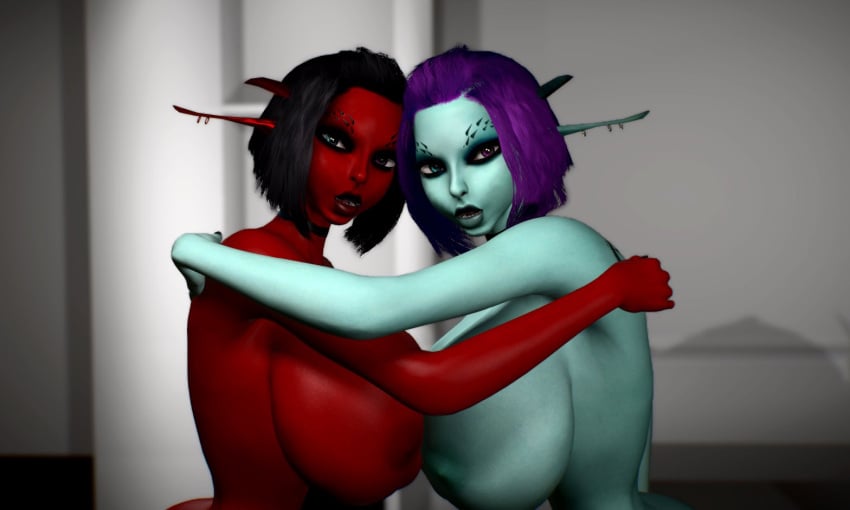 2girls 3d alternate_breast_size areola areolae bare_shoulders big_breasts blue_skin breasts cleavage elf elf_ears elf_female elf_girl female female_only garry's_mod hair heterochromia hips humanoid large_breasts lips long_ears long_pointy_ears pointy_ears purple_hair red_skin red_soria shadow66 short_hair soria thick_lips unreal_tournament virtamate voluptuous waist wide_hips