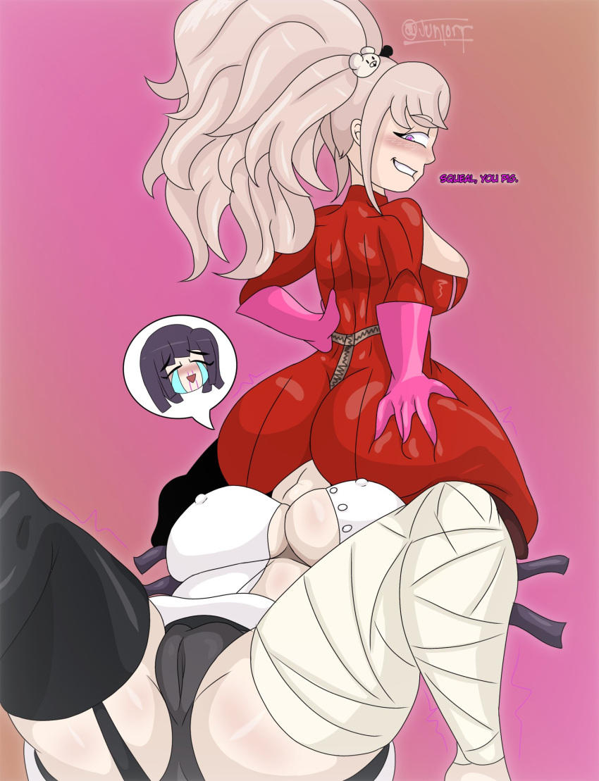 2girls ann_takamaki_(cosplay) bandage bandaged_leg big_ass big_breasts big_butt blonde_hair clothed_facesitting costume crushed_by_ass crying danganronpa danganronpa_2:_goodbye_despair danganronpa_3 facesitting facesitting_through_clothes forced_facesitting halloween hand_on_ass hand_on_butt heart-shaped_pupils junior_art_ junko_enoshima long_hair multiple_girls persona persona_5 purple_hair straight_hair thick_thighs thighhighs tsumiki_mikan yuri