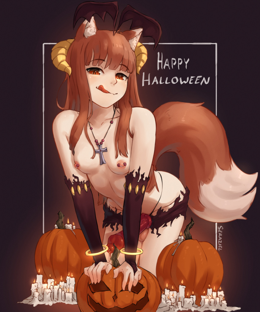 1futa animal_ears animal_genitalia animal_genitalia_on_humanoid animal_penis areolae big_penis breasts brown_hair canine_penis canine_penis_on_humanoid clothing cum erection fox_ears fox_girl fox_tail futa_only futanari halloween holo human_with_animal_genitalia humanoid kemonomimi knot licking_lips light-skinned_futanari light_skin long_hair nipple_piercing nipples nude pale_skin penis piercing precum seraziel small_breasts solo spice_and_wolf standing tongue tongue_out topless