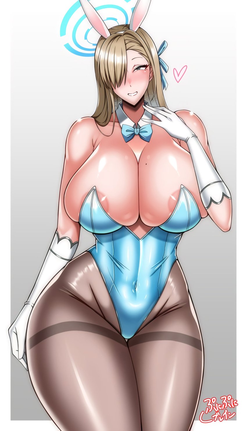 1girls areola_slip asuna_(blue_archive) asuna_(bunny)_(blue_archive) bare_shoulders barely_contained blonde_hair blue_archive blue_bodysuit blue_eyes bowtie breasts_out_of_clothes bunny_ears bunny_girl bunnysuit curvaceous curvy elbow_gloves grinning hair_ribbon heart huge_breasts mature_female milf mole_on_breast nipple_slip pantyhose plump plump_ass puni2brain skimpy skimpy_clothes smug thick_thighs thigh_gap voluptuous white_gloves