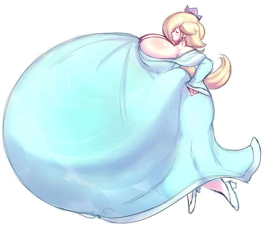 1girls belly_expansion belly_inflation big_breasts blonde_hair blue_dress breasts cleavage clothing dress fat female female_only huge_belly imcoffeecakes mario_(series) princess_rosalina simple_background solo white_background