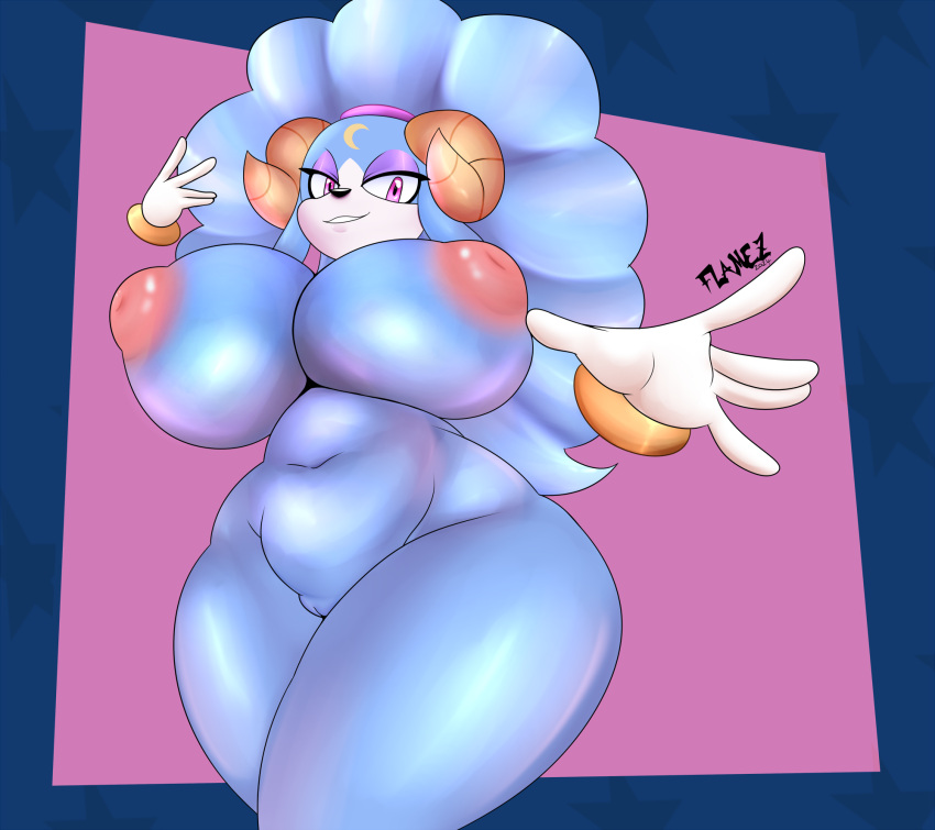 2024 5_fingers anthro apple_arcade ariem big_breasts black_nose bovid breasts caprine digital_media_(artwork) female fingers flamez genitals hi_res horn huge_breasts looking_at_viewer mammal png pussy sheep simple_background solo sonic_(series) sonic_dream_team