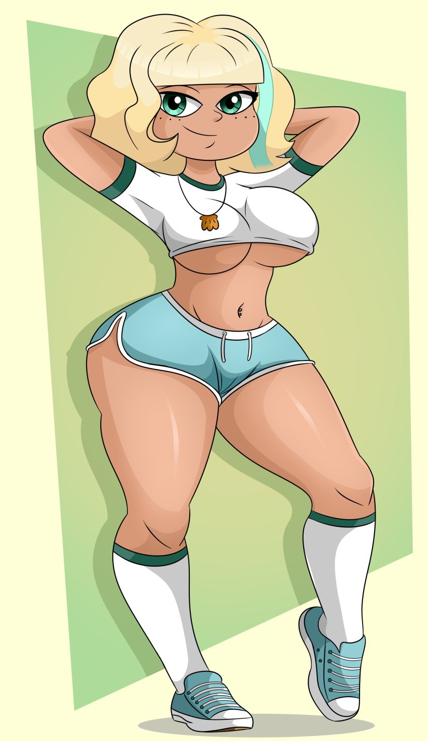 1girl 1girls 2020s 2024 aged_up arms_behind_head big_breasts blonde_hair breasts busty disney disney_channel disney_xd dolphin_shorts drawstring drawstring_bottomwear dudette female female_only freckles freckles_on_face front_view green_eyes gym_uniform happy hi_res jackie_lynn_thomas large_breasts legs legs_apart light-skinned_female light_skin looking_at_viewer moderate_tomboy navel navel_piercing pose posing seductive seductive_look seductive_smile sensual shiny_hair shiny_skin shirt shirt_lift short_hair short_hair_female shorts side_slit smile smirk smug sneakers socks solo solo_female sonson-sensei standing star_vs_the_forces_of_evil t-shirt tan-skinned_female teenage_girl teenager thick_thighs thighs tomboy two_tone_bottomwear two_tone_bottomwear_(blueandwhite) two_tone_footwear two_tone_footwear_(blueandwhite) two_tone_socks two_tone_socks_(greenandwhite) two_tone_topwear two_tone_topwear_(greenandwhite) underboob voluptuous western_art western_cartoon white_female