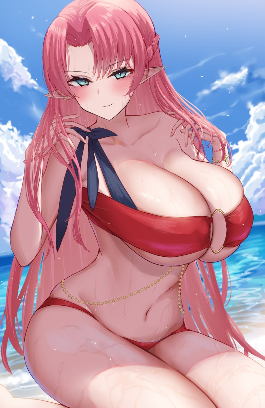 1girls azur_lane beach belly_button bikini breasts cleavage duke_of_york_(azur_lane) female female_only huge_breasts light-skinned_female light_skin long_hair outdoors pink_hair royal_navy_(azur_lane) satou_aji solo