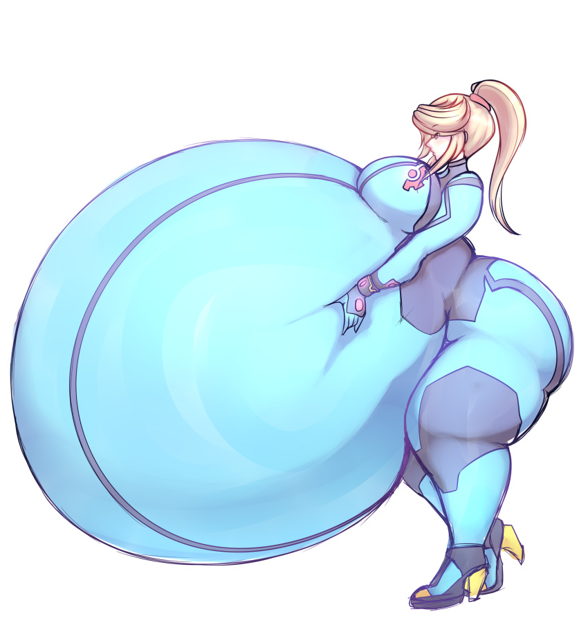 1girls belly belly_expansion belly_inflation big_breasts huge_belly imcoffeecakes metroid samus_aran thick_thighs zero_suit_samus