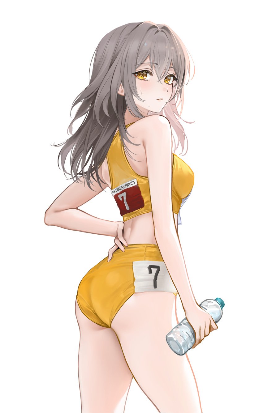 1girls ass bare_arms bare_shoulders blush breasts buruma crop_top female grey_hair hand_on_hip honkai:_star_rail honkai_(series) k_rity_(twitter) medium_breasts rity sideboob solo sports_bra sportswear stelle_(honkai:_star_rail) thighs twitter twitter_link twitter_username water_bottle yellow_eyes