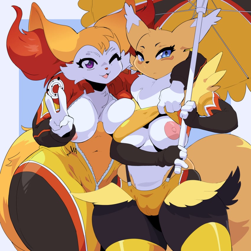 anthro bandai_namco big_breasts blue_eyes braixen breast_squish breasts camel_toe canid canine clothed clothing crossover digimon digimon_(species) duo female fur generation_6_pokemon hi_res inner_ear_fluff juzztie legwear mammal nintendo nipples pokemon pokemon_(species) renamon simple_background squish tail thick_thighs thigh_highs tuft umbrella white_body white_fur yellow_body yellow_fur