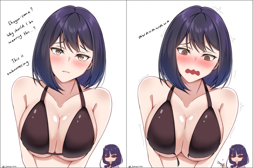 2girls bare_shoulders bikini black_hair blush blush_stickers blushing breasts cleavage comic cut_clothes embarrassed english_text female female_only genshin_impact hi_res kujou_sara large_breasts open_mouth purple_hair raiden_shogun scissors short_hair simple_background smile speech_bubble sunglasses wardrobe_malfunction wavy_mouth white_background yellow_eyes yuri