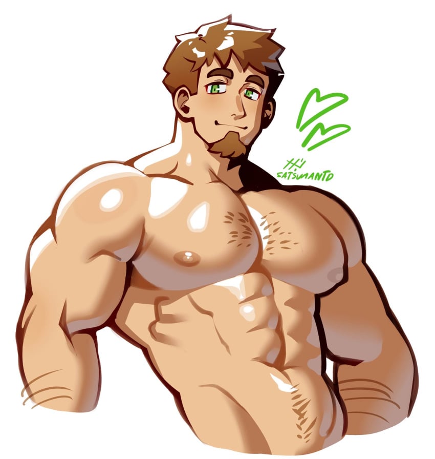 abs bara biceps big_chest big_pecs brown_hair gay goatee green_eyes hairy_chest happy_trail heart huge_chest huge_pecs male male_only muscular muscular_male nipples sachuman