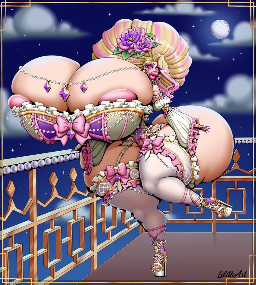 1girls areola_slip areolae balcony bimbo blonde_hair dress female female_only heart-shaped_pupils high_heels huge_ass huge_breasts hyper hyper_ass hyper_breasts hyper_hourglass hyper_lips jewelry leg_up lilith_art lingerie lipstick looking_at_viewer makeup night night_sky original original_character size_fetish skimpy solo standing_on_one_leg thick_lips thick_thighs wide_hips