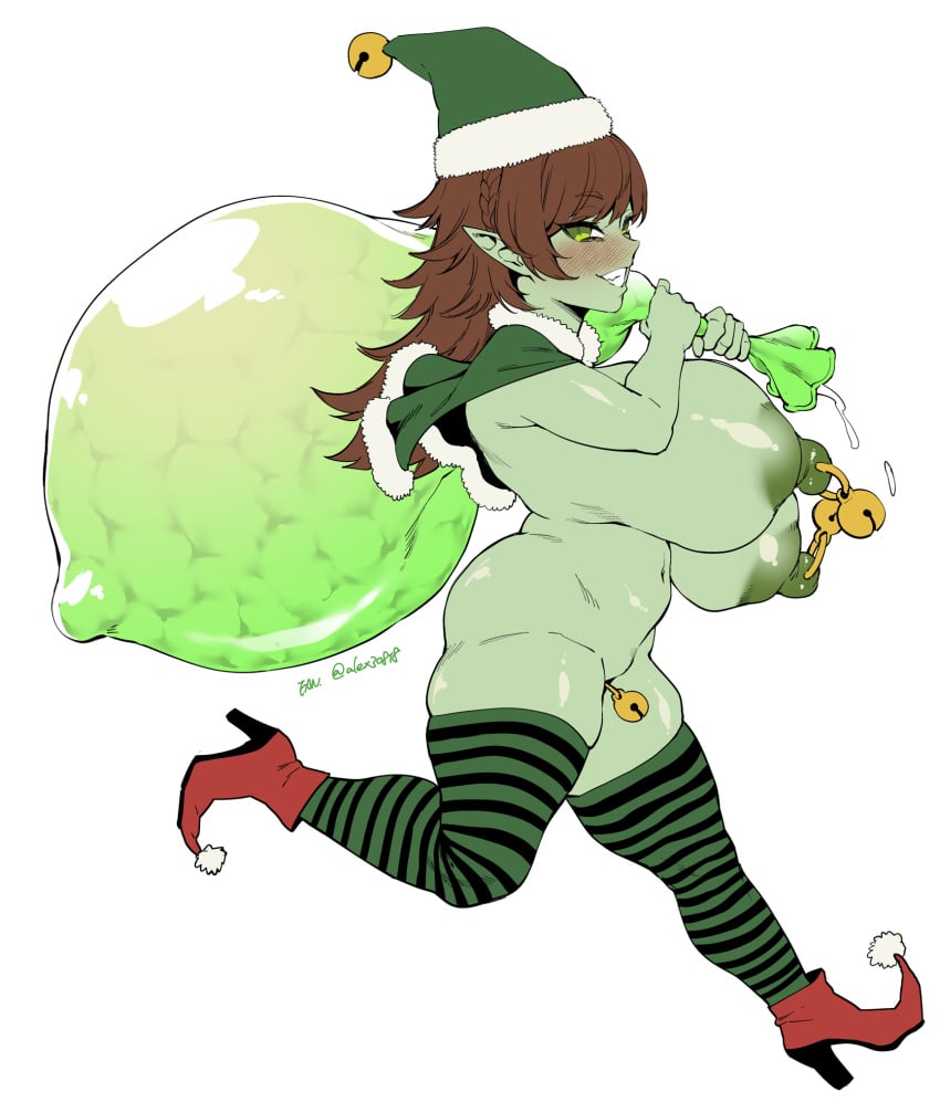 bell blush boots braid breasts brown_hair capelet christmas colored_skin condom crown_braid cum elf f.w.zholic fan_(f.w.zholic) green_eyes green_skin hat high_heel_boots high_heels highres huge_breasts jingle_bell large_areolae large_breasts long_hair nipple_piercing piercing pointy_ears pointy_footwear pussy_piercing santa_costume santa_hat skindentation smile striped_clothes striped_thighhighs swept_bangs thighhighs used_condom