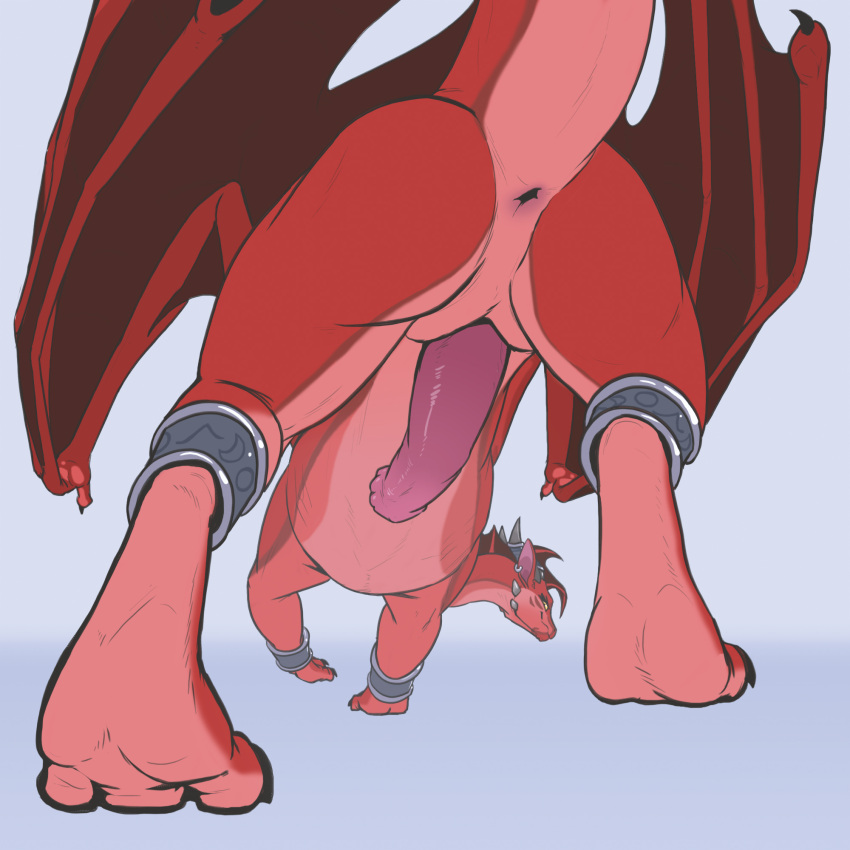 2021 anus armor ass bracers dragon drakawa erection feral genitals hi_res looking_at_viewer looking_back male nude penis presenting presenting_hindquarters presenting_penis raised_tail scalie solo wings