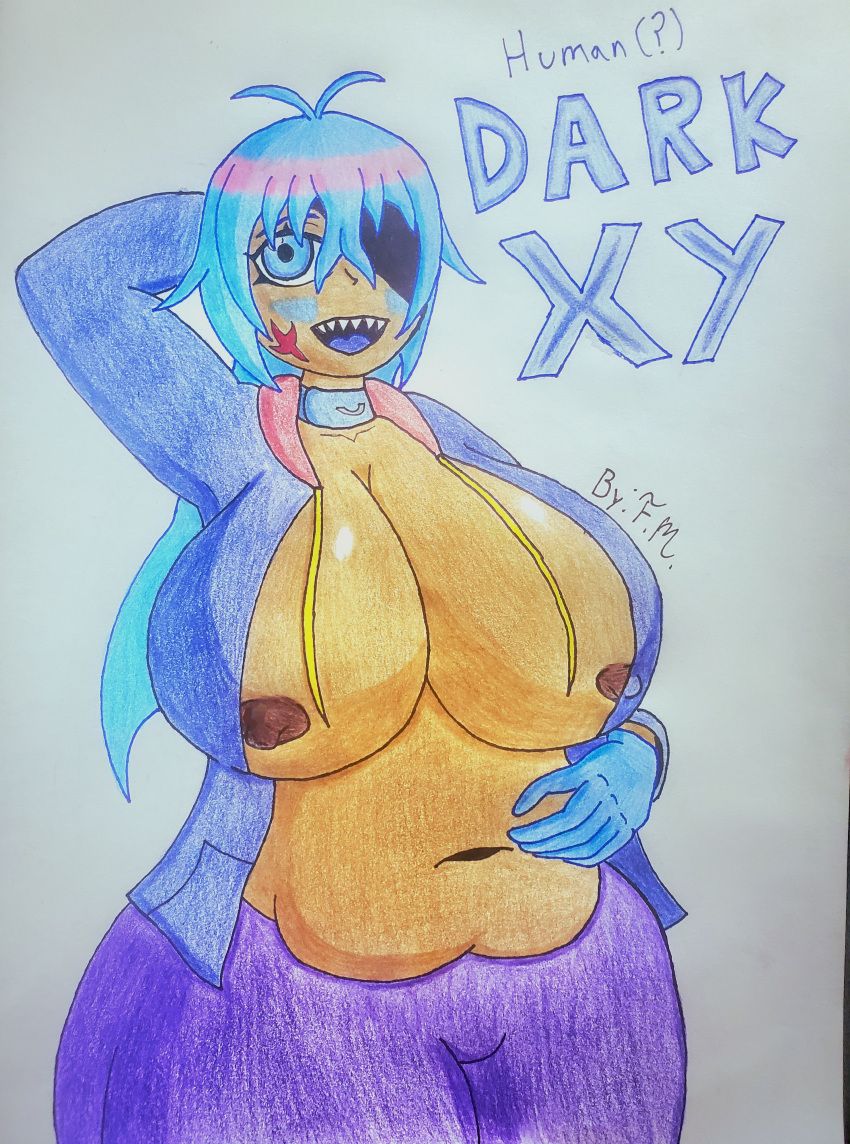 anthro belly_button blue_eyes chubby_female dark-skinned_female dark_nipples eye_patch f.m. fat huge_breasts nipple_slip oc open_jacket sharp_teeth voluptuous