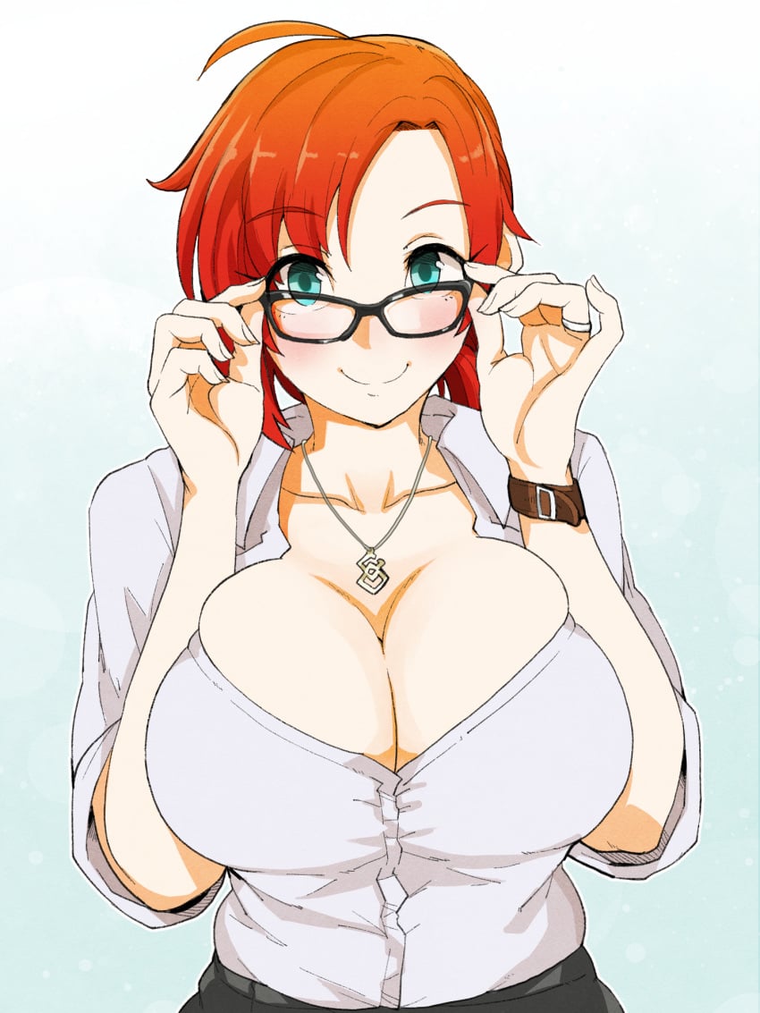 41_(taskmaster41) adjusting_eyewear aqua_eyes black-framed_eyewear boudica_(fate) boudica_(fate/grand_order) breasts breasts_squeezed_together bursting_breasts cleavage collarbone commentary_request fate/grand_order fate_(series) female glasses highres huge_breasts jewelry lavender_shirt looking_at_viewer necklace red_hair shirt short_hair smile solo watch white_shirt