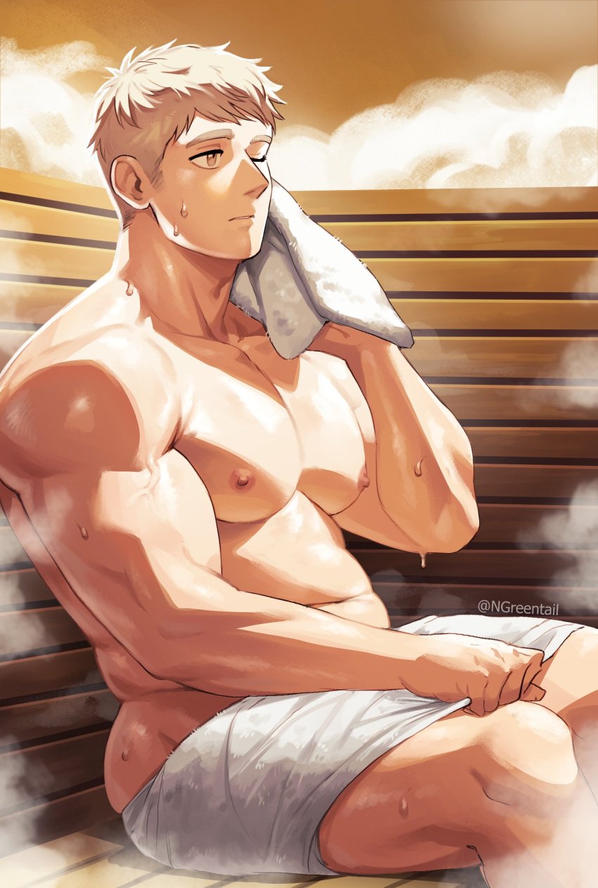 1boy 2024 ass bara belly biceps blonde_hair brown_eyes clenched_hand closed_mouth dungeon_meshi feet_out_of_frame highres holding holding_towel laios_touden large_pectorals male male_focus male_only muscular muscular_male naked_towel navel ngreentail nipples one_eye_closed parted_lips pectorals plump short_hair sitting skindentation solo steam stomach sweat thick thighs towel twitter_username vein veiny_biceps very_short_hair white_towel wiping_face