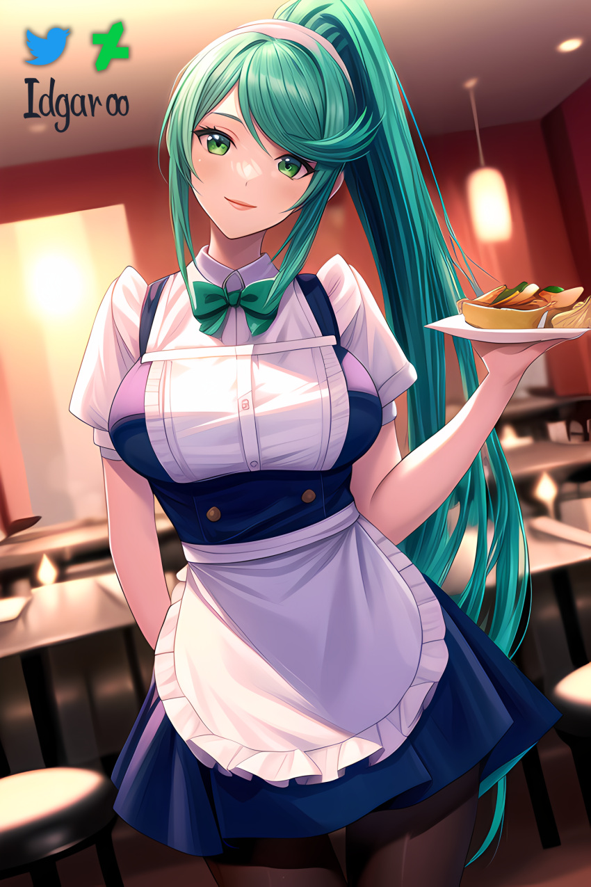 absurd_res absurdres ai_generated food green_eyes green_hair green_ribbons idgaroo indoor indoors long_hair pantyhose pixai pneuma_(xenoblade) restaurant ribbon skirt stable_diffusion waitress waitress_outfit waitress_uniform xenoblade_(series) xenoblade_chronicles_2