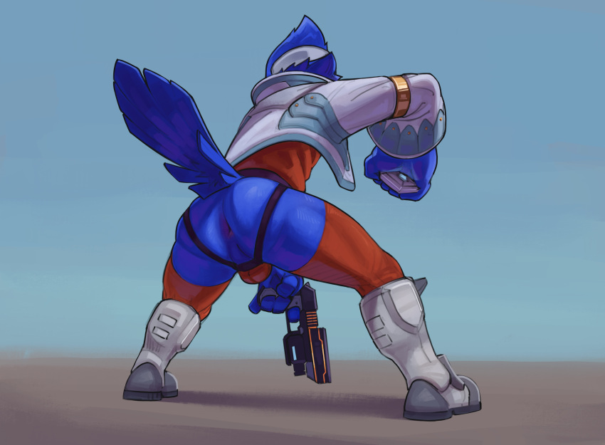 absurd_res anthro anus ass avian blue_body boots clothing falco_lombardi feathers footwear hi_res jockstrap kyomiqc legwear male male_only nintendo perineum rear_view solo star_fox tail tail_feathers thigh_highs underwear