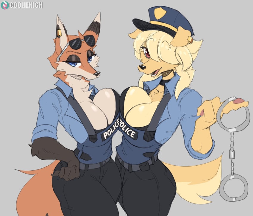 2girls anthro boob_squish cooliehigh cop_outfit ginger_(cooliehigh) pepper_(cooliehigh) police_uniform