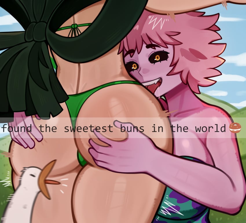 2girls ass ass_grab ass_worship big_ass big_breasts big_butt bikini bikini_bottom bikini_top breasts cleavage eyebrows female female_only green_hair melonpuff mina_ashido my_hero_academia open_mouth pink_body pink_hair pink_skin text thick_thighs thighs tongue tongue_out tsuyu_asui wide_hips yellow_eyes yuri