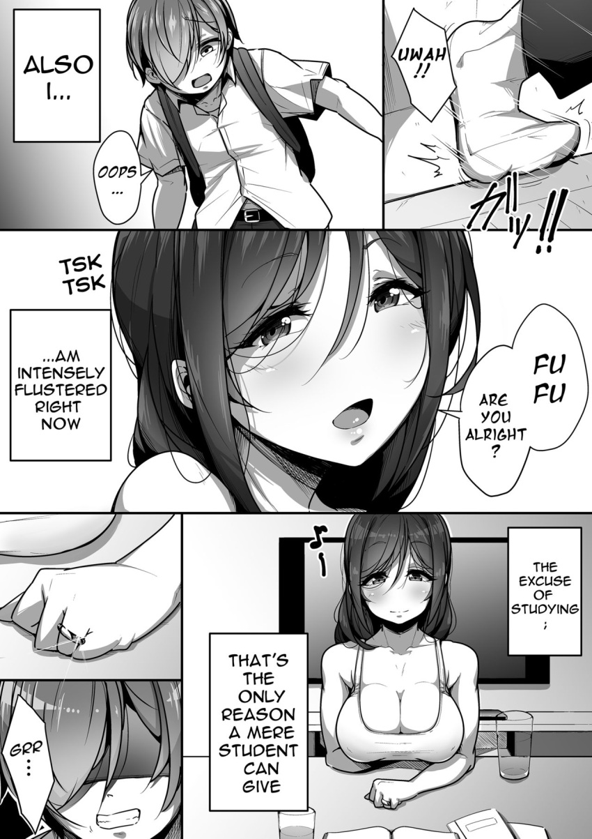 clothed clothed_female clothed_male dialogue doujinshi doujinshi_page gennsui hard_translated honoka_(gennsui) jealous married married_woman mouth_matrimony shiota-kun text translated wedding_ring