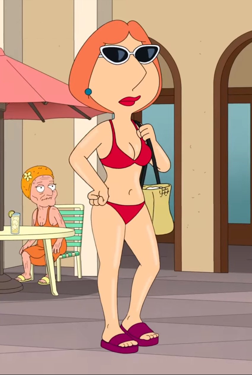 1milf bag big_nose bikini bikini_bottom bikini_top breasts earrings family_guy feet fist fist_on_own_hip lois_griffin mature_female navel oiled oiled_skin pale-skinned_female pale_skin red_bikini red_bikini_bottom red_bikini_top red_hair sandals screencap screenshot shiny_skin stitched sunglasses thick_thighs