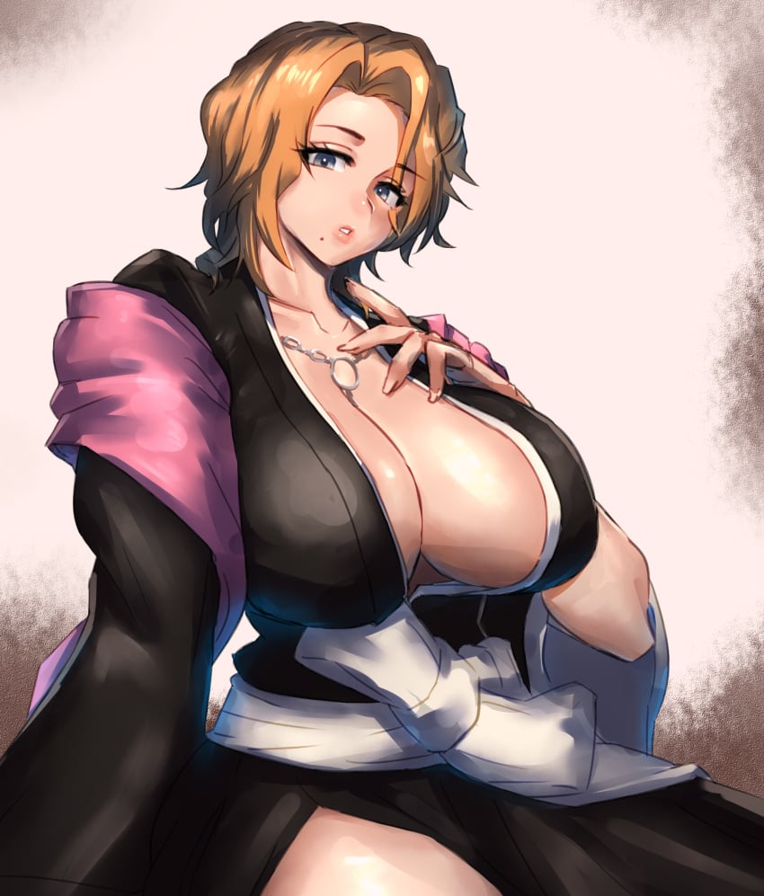 1girls big_breasts bleach bleach:_the_thousand-year_blood_war blonde_hair blue_eyes busty chain_necklace chains cleavage clothing female female_only huge_breasts kimono kuanero large_breasts long_hair looking_at_viewer matsumoto_rangiku mole mole_under_mouth necklace necklace_between_breasts oppai plump robe sagging_breasts scarf shoulder_length_hair sitting solo solo_focus thick_thighs thighs voluptuous voluptuous_female