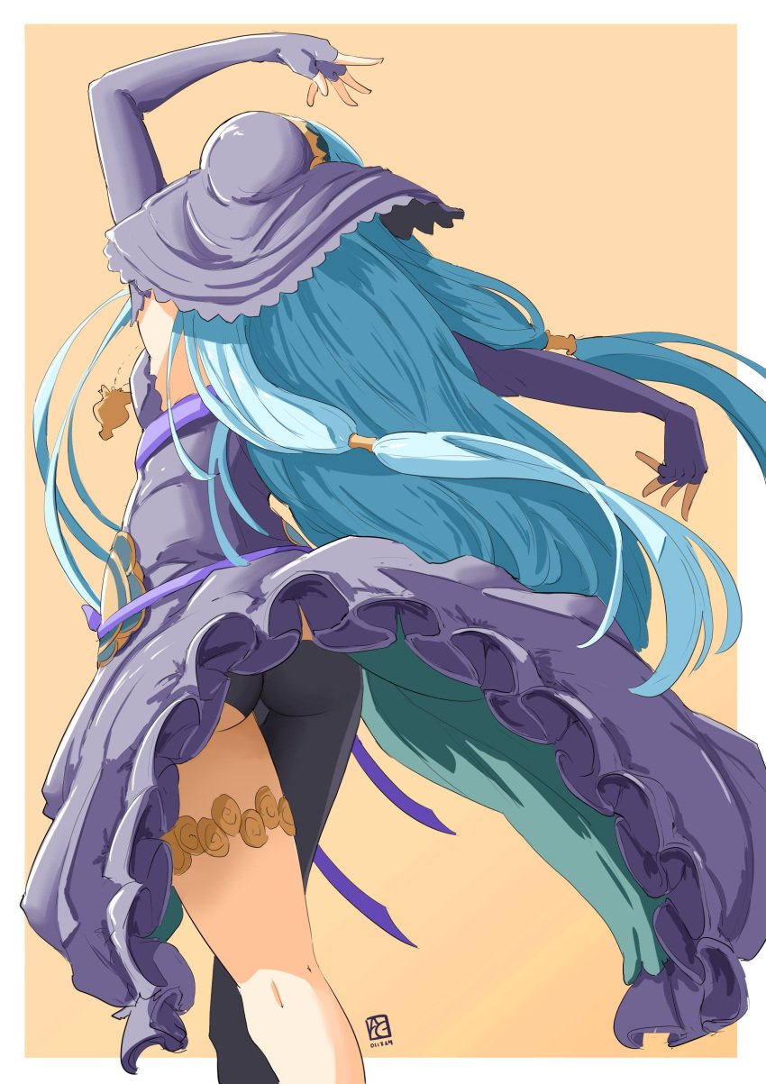 1girls alternate_costume arm_up ass asymmetrical_clothes asymmetrical_legwear automatic_giraffe azura_(fire_emblem) azura_(performing_arts)_(fire_emblem) back_view bare_thighs big_ass blue_hair breasts dancer dancing dress elbow_gloves female female_only fingerless_gloves fire_emblem fire_emblem_fates from_behind gloves legs light_blue_hair long_hair nintendo official_alternate_costume orange_background pantyhose pose small_breasts solo veil very_long_hair