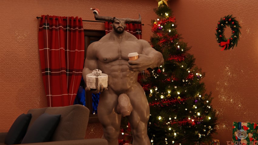 3d 3d_(artwork) balls bara big_penis christmas dragon_age dragon_age_inquisition eyepatch facial_hair flaccid grey_body grey_skin horns iron_bull male male_only muscles muscular nude penis qunari solo solo_male txddy3d