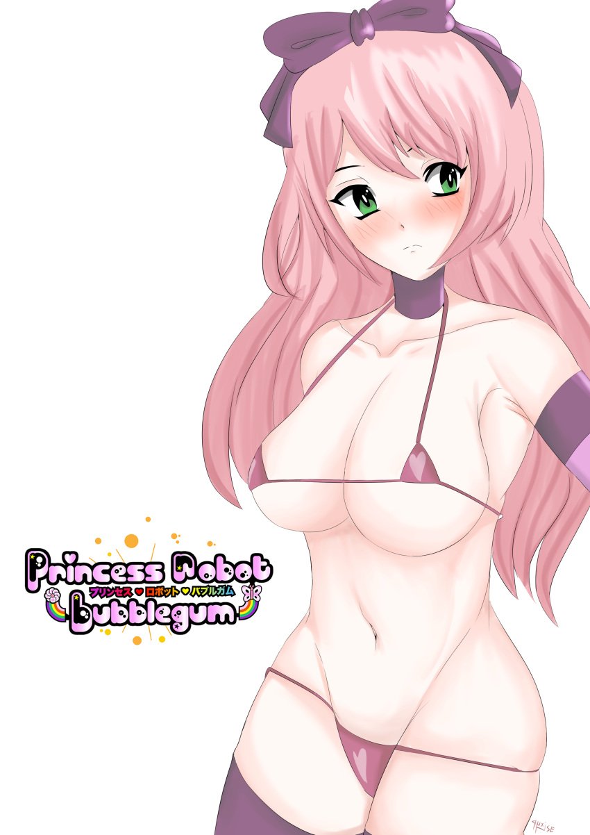 2021 artist_signature bikini blush grand_theft_auto_iv grand_theft_auto_v green_eyes micro_bikini pink_bikini pink_gloves pink_hair princess_robot_bubblegum princess_robot_bubblegum_(character) purple_ribbon quxise