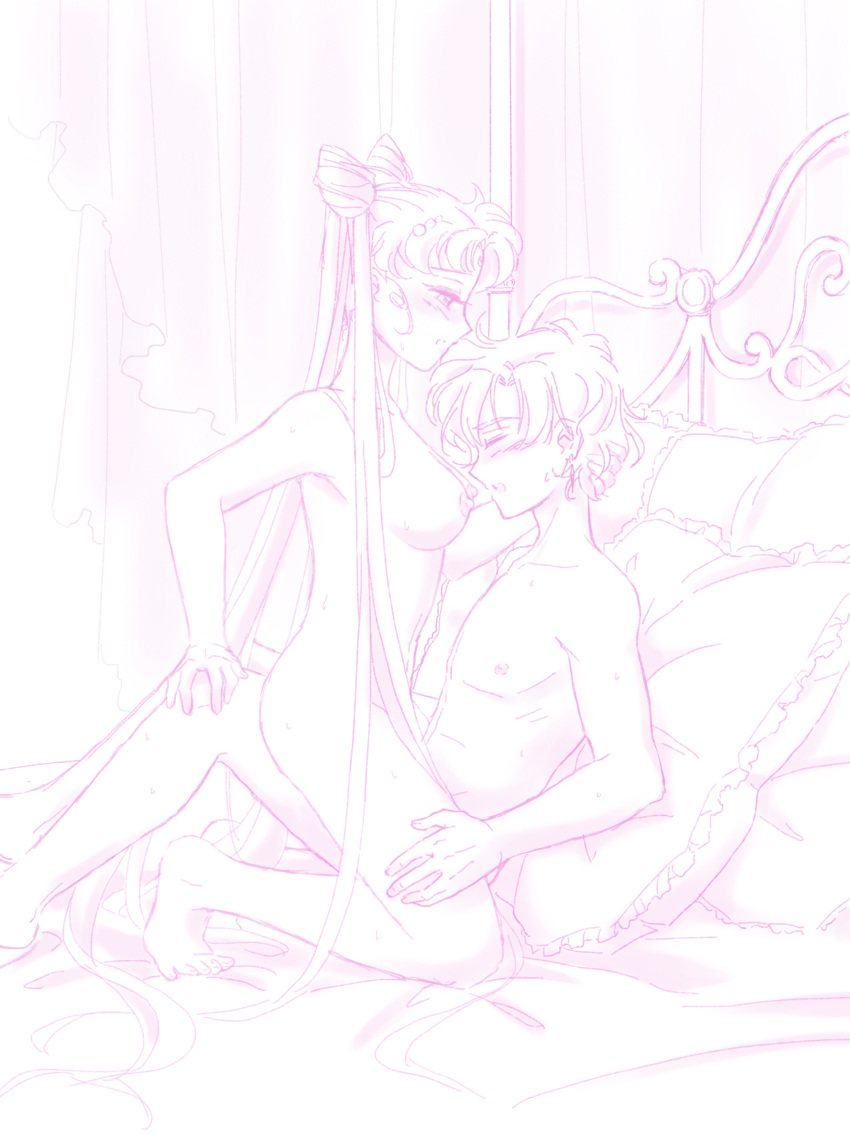 1boy absurdres barefoot bishoujo_senshi_sailor_moon blush breasts chibi_usa female girl_on_top helios_(sailor_moon) highres kneeling navel nude on_bed pink_lemon princess_lady_serenity sex sitting small_breasts