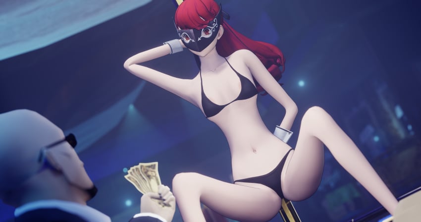 bikini black_bikini kasumi_yoshizawa leg_spread looking_at_viewer masayoshi_shido partially_nude persona persona_5 persona_5_royal rbf7 red_eyes red_hair stripper_pole sumire_yoshizawa surprised_face