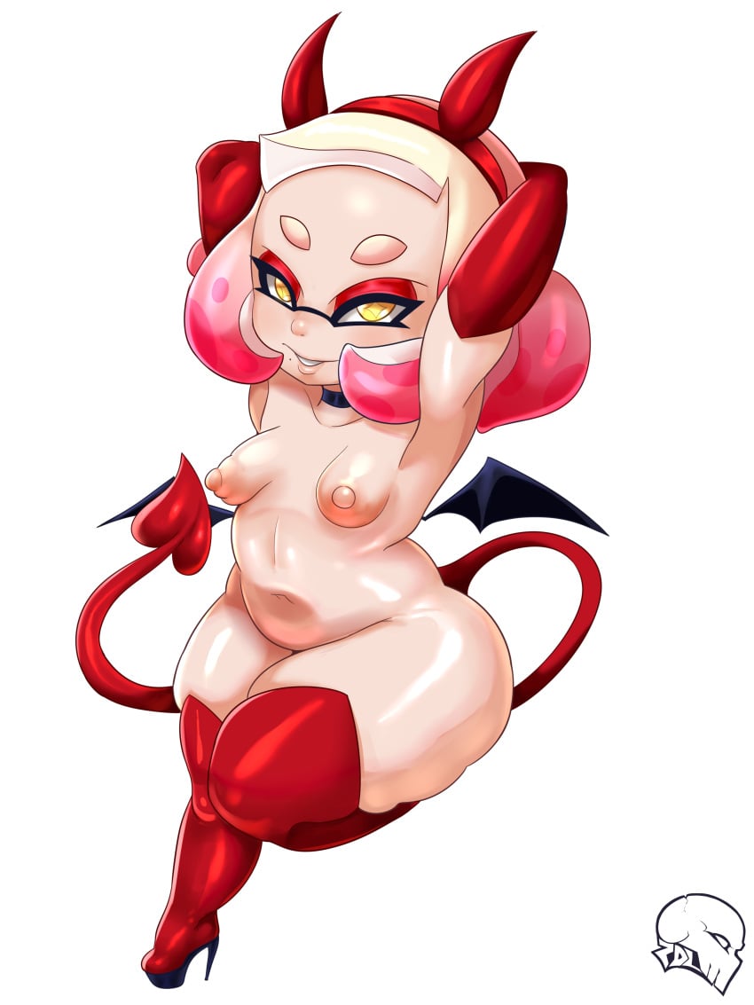 1girls anthro areolae armpits ass big_ass breasts demon_tail erozer eye_contact female gloves halloween hands_behind_head high_heel_boots inkling looking_at_viewer mole_under_mouth nintendo nipples pearl_(splatoon) plump puffy_nipples shortstack small_breasts smaller_female solo splatoon tail tentacle_hair thick_thighs thighhighs thighs tiny_breasts wide_hips