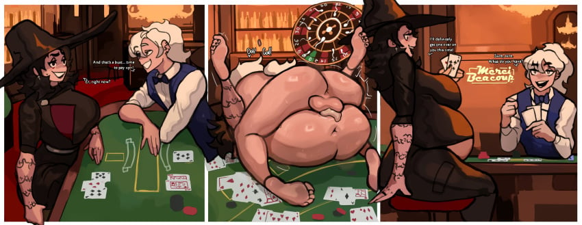 before_and_during_pregnancy big_ass big_breasts card_game cum_in_pussy cum_inside dolecat gambling impregnation instant_loss lost_bet mating_press oc pregnant pregnant_belly pregnant_female tattoo_on_arm tattoo_on_legs tattooed_arm tattoos witch witch_hat