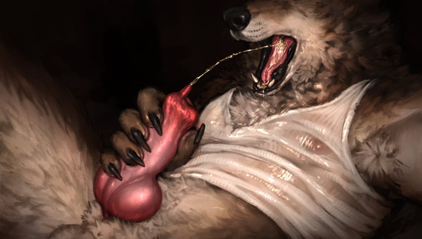 1boy 2024 absurd_res animal_genitalia animal_penis anthro biped bodily_fluids brown_body brown_fur canid canine canine_genitalia canine_penis canis claws digital_media_(artwork) erection fur genital_fluids genitals hand_on_own_penis hi_res knot male male_only mammal open_mouth peeing peeing_in_mouth peeing_on_self penis red_penis s_anima solo urinating urinating_male urination urine urine_in_mouth urine_in_own_mouth urine_stream watersports white_body white_fur wolf